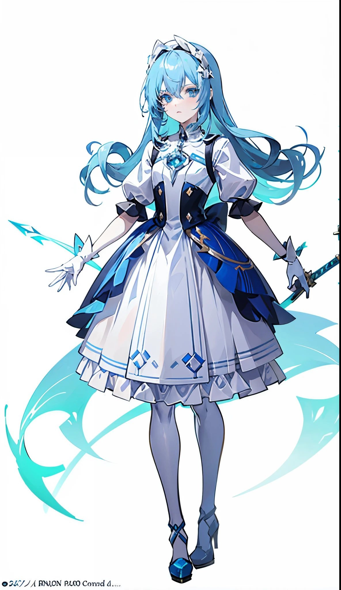 An anime character with blue hair and a white and blue dress is holding a sword, White High Heels, Inspired, Cool system:3, He has pale blue hair!!!, Prince of Glaceon, Blue-eyed boy, Official Character Art, Magical Boy Style, Boy with long purple hair, Cute:2, Official artwork, Official art, anime boy named lucy