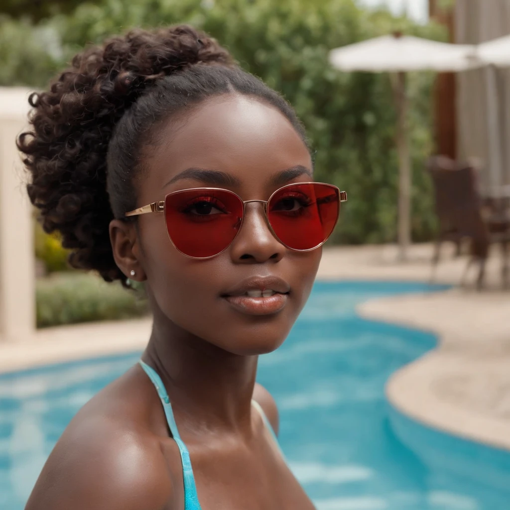 ((Dark African skin, Very deep ebony skin)), ((Its beauty is undeniable)), ((Excited cute face)), ((Hyper detailed perfect eyeploring pose)), ((Language output)), ((swimming)), ((wearing squared sunglasses, red full body swimming suit)), ((Afro ponytail with long African curly hair)), ((full body)), ((skin)), ((swimming, side view)), ((touching her face in a sexy pose)), ((swimming pool, rooftop, hotel, Nairobi, kenya)), Sharp Focus CGI, photoreallistic, High detail, Realistic, Masterpiece, absurd, Best quality, Hdr, High quality, high-definition, Extremely detailed, 8k wallpaper, Intricate details, 8K UHD, Full-HD, (photo realist:1.2), contrast, intense illumination, lighting cinematic, natural lighting, veilleuse, Nuit, Illumination globale, a la piscine African women、Female sexy