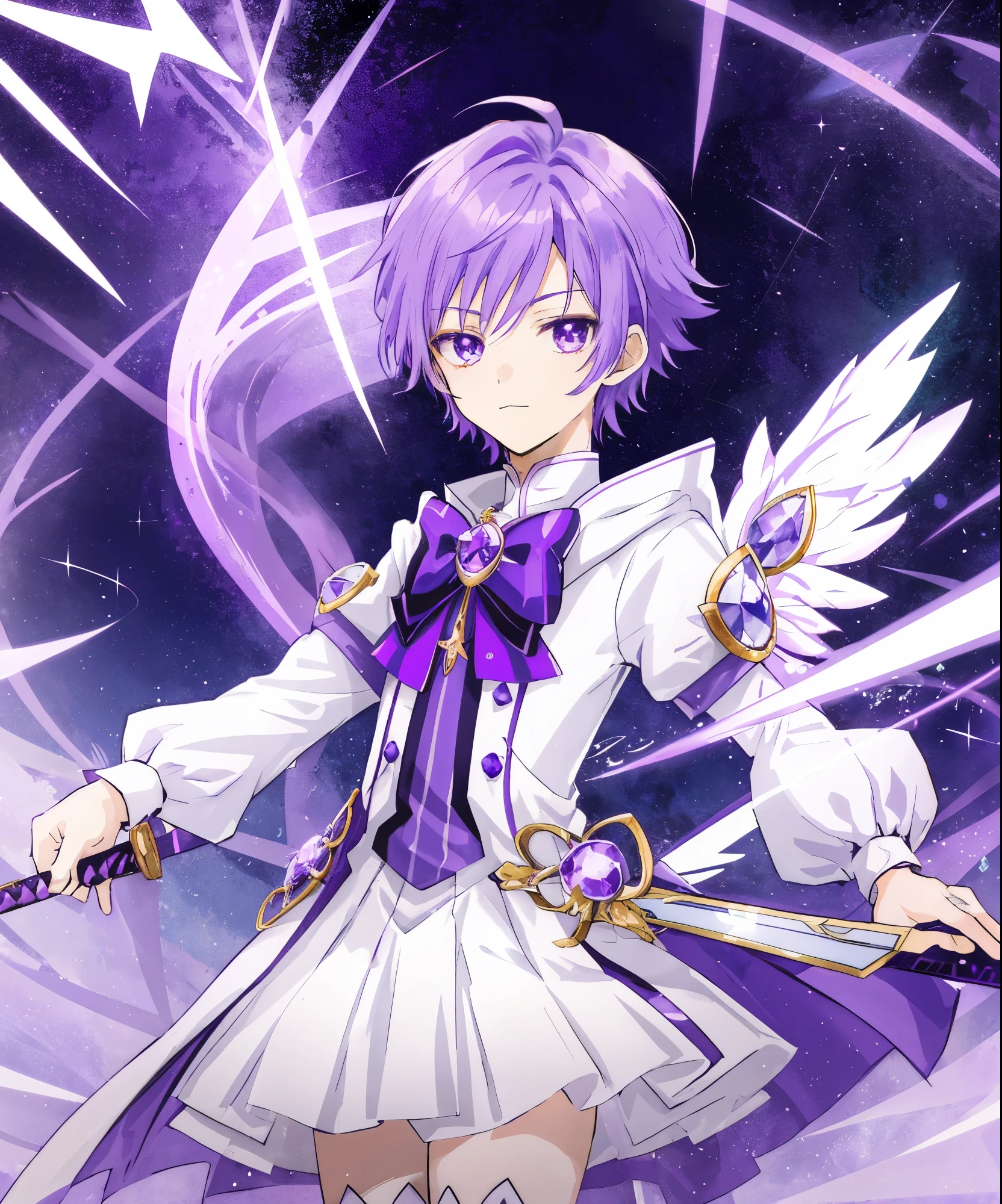Anime boy with purple hair and white and purple dress holding a sword, sparkling Magical Boy, Purple boots, magic aura, portrait of Magical Boy, celestial aura, inspired, magical aura around him, style of Magical Boy, Boy with Purple Eyes, magical aura, he has light purple hair, boy with very short purple hair, Inspired, Magical Boy, Cute:2, Prince of Amethyst, Cool system:3, Wallpaper!, Happy!!!,