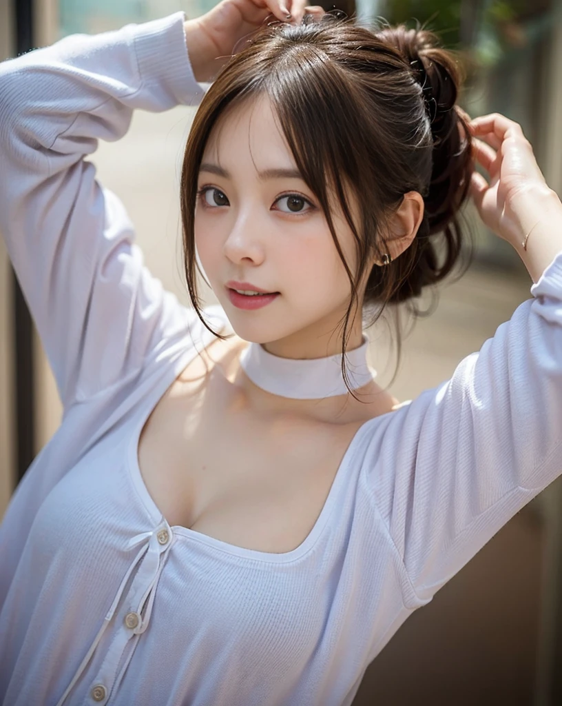 masutepiece, lightly dressed、Best Quality, Naughty smile、randome pose、Bruises、Illustration, Ultra-detailed, finely detail, hight resolution, 8K Wallpaper, Perfect dynamic composition, Beautiful detailed eyes, knit,Medium Hair,Natural Color Lip、Bold sexy poses,Smile,Harajuku、20 years girl、Cute、Sexy shot looking at camera、C Cup、Brown hair