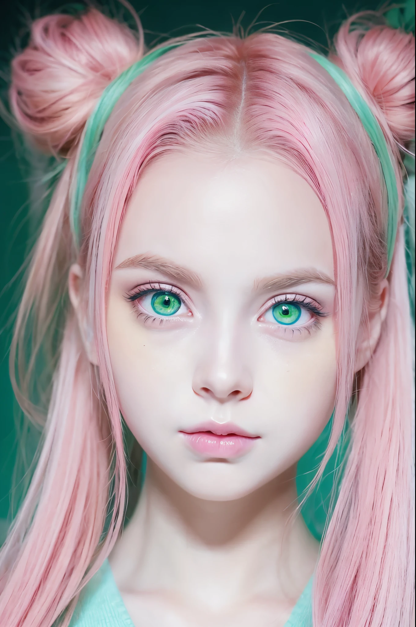 Twintails Anime style Pink hair Inner color light blue Odd eyes Green eyes Yellow eyes
