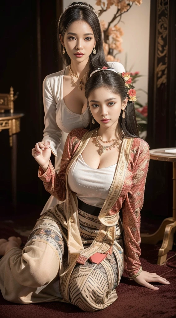 ((1 female only)), (Realistic:1.3), insane details, quality, (master-piece:1.2), (ภาพRealistic:1.2), (qualityที่ดีที่สุด), (Detailed skin:1.3), (intricate detailed), ray tracing, ((Full body)), ((1woman)), (((1man))), 18-20 years old, ((long-haired, Very long.)), smile, Red Dresses, red inner shirt, patterned skirt, Contrast color between dress and skirt, skirt pattern, earrings, necklace, Javanese jewelry, (blurred background), Eyes on camera, breast cleavage, huge breast,, Beautiful breast, Big breast augmentation, elongated legs