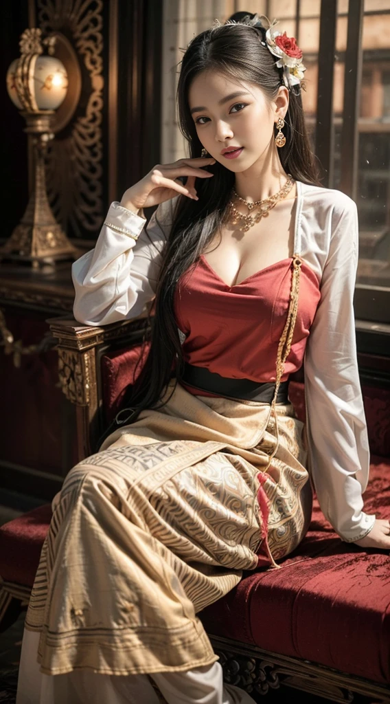 ((1 female only)), (Realistic:1.3), insane details, quality, (master-piece:1.2), (ภาพRealistic:1.2), (qualityที่ดีที่สุด), (Detailed skin:1.3), (intricate detailed), ray tracing, ((Full body)), ((1woman)), (((1man))), 18-20 years old, ((long-haired, Very long.)), smile, Red Dresses, red inner shirt, patterned skirt, Contrast color between dress and skirt, skirt pattern, earrings, necklace, Javanese jewelry, (blurred background), Eyes on camera, breast cleavage, huge breast,, Beautiful breast, Big breast augmentation, elongated legs