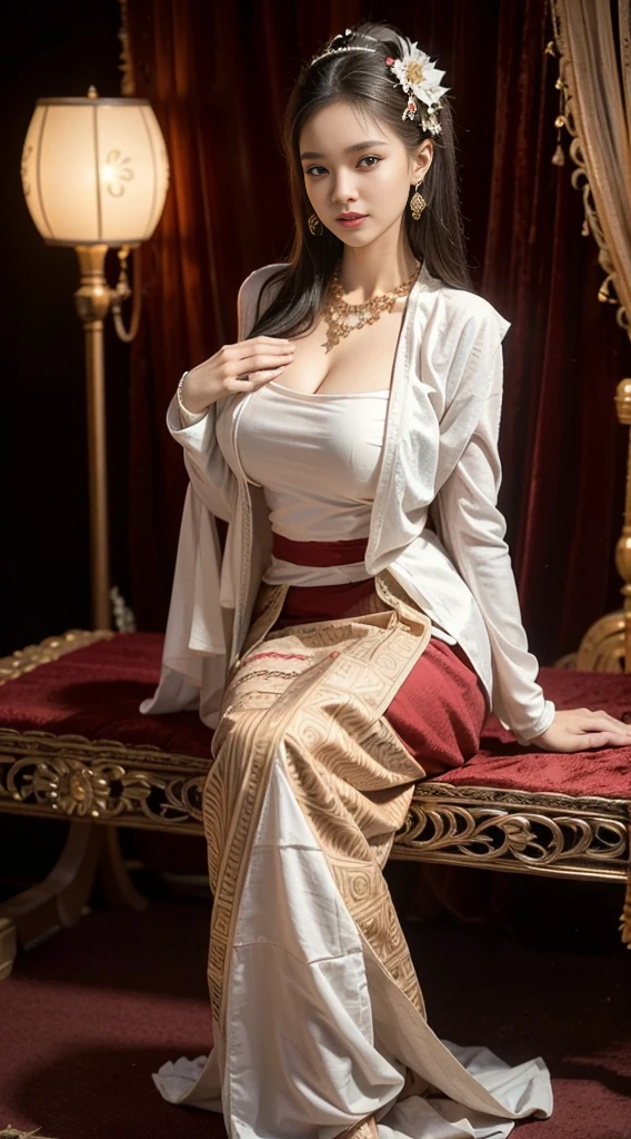 ((1 female only)), (Realistic:1.3), insane details, quality, (master-piece:1.2), (ภาพRealistic:1.2), (qualityที่ดีที่สุด), (Detailed skin:1.3), (intricate detailed), ray tracing, ((Full body)), ((1woman)), (((1man))), 18-20 years old, ((long-haired, Very long.)), smile, Red Dresses, red inner shirt, patterned skirt, Contrast color between dress and skirt, skirt pattern, earrings, necklace, Javanese jewelry, (blurred background), Eyes on camera, breast cleavage, huge breast,, Beautiful breast, Big breast augmentation, elongated legs