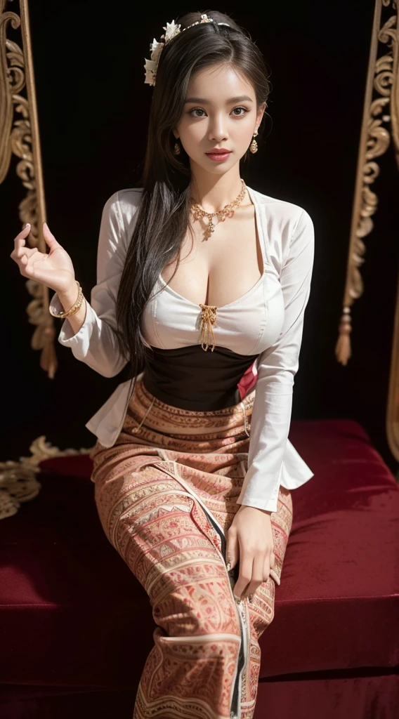 ((1 female only)), (Realistic:1.3), insane details, quality, (master-piece:1.2), (ภาพRealistic:1.2), (qualityที่ดีที่สุด), (Detailed skin:1.3), (intricate detailed), ray tracing, ((Full body)), ((1woman)), (((1man))), 18-20 years old, ((long-haired, Very long.)), smile, Red Dresses, red inner shirt, patterned skirt, Contrast color between dress and skirt, skirt pattern, earrings, necklace, Javanese jewelry, (blurred background), Eyes on camera, breast cleavage, huge breast,, Beautiful breast, Big breast augmentation, elongated legs
