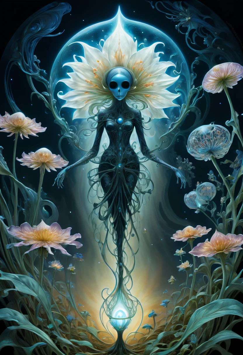 Magical plant from the abyss, the ghost flower,Images of a fascinated witch encountering alien life forms, Illumination of bioluminescent plants, The content is very detailed, hyper realisitc, 10k high resolution, Gouache style, scribble art, Glaslorne, Influenced by Art Nouveau, Given, and future, The Art of Lunar Encryption Wow,