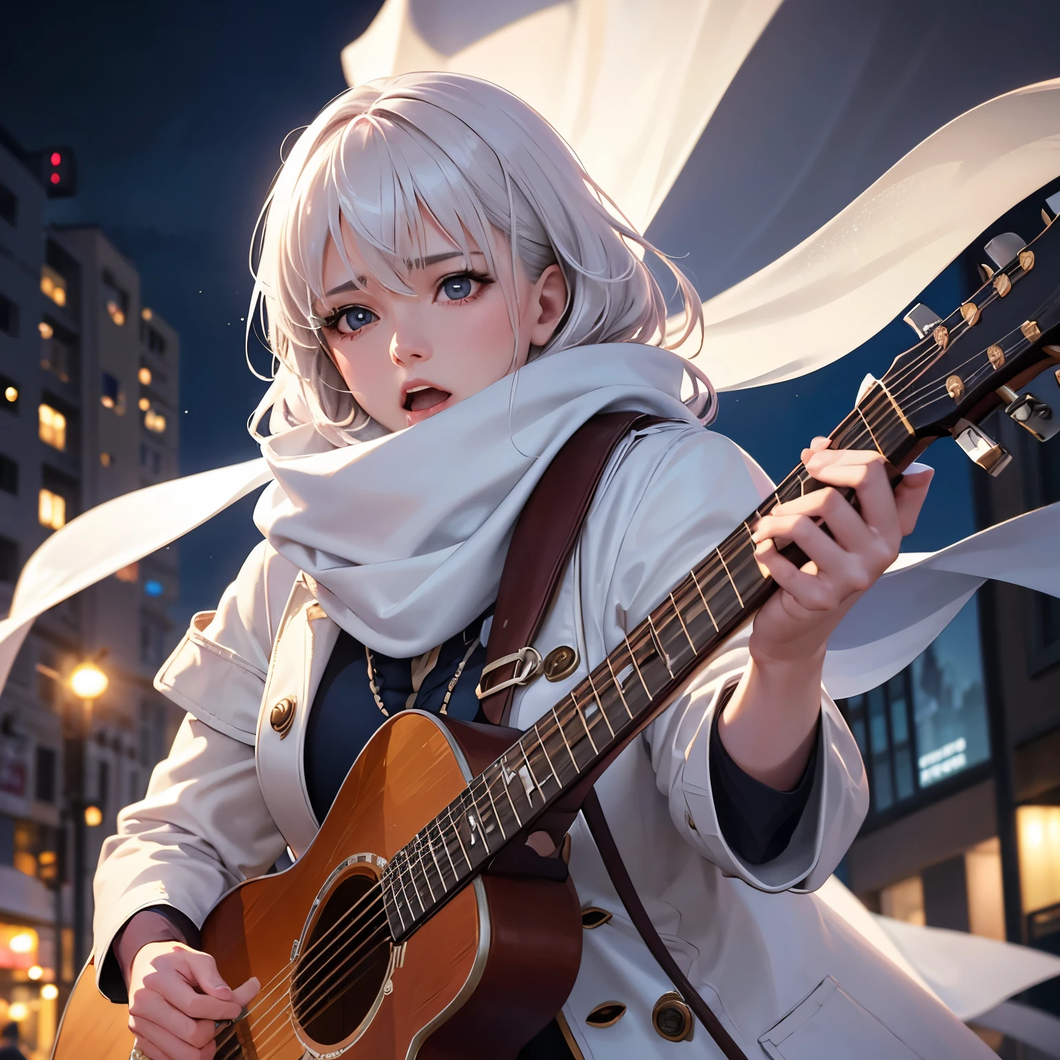 finest image, 8k, RAW photo, realistic, detailed, delicate, flashy and dynamic depiction, A woman performing on the street under a cold sky, singing with all her heart, her white breath, coat, scarf, folk guitar, background night street, professional lighting