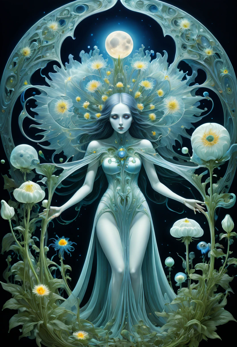 Magical plant from the abyss, the ghost flower,Images of a fascinated witch encountering alien life forms, Illumination of bioluminescent plants, The content is very detailed, hyper realisitc, 10k high resolution, Gouache style, scribble art, Glaslorne, Influenced by Art Nouveau, Given, and future, The Art of Lunar Encryption Wow,