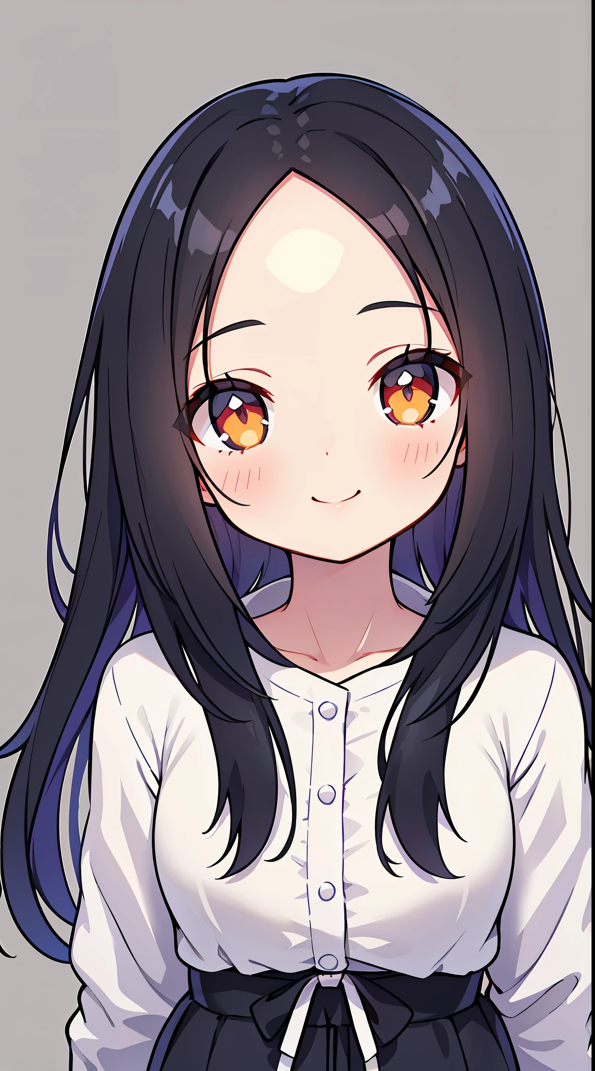 One girl with black hair, hair length until bust, straight hair, hair parted in center of head, round face. hairstyle with a center part, that the hair should be parted down the middle, creating a symmetrical look without any frontal hair covering the forehead. Looking straight. Looking straight at viewers. Smiling. Happy. Wearing casual shirt. Straight pose. Frontal view