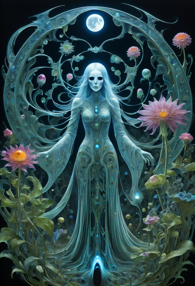Magical plant from the abyss, the ghost flower,Images of a fascinated witch encountering alien life forms, Illumination of bioluminescent plants, The content is very detailed, hyper realisitc, 10k high resolution, Gouache style, scribble art, Glaslorne, Influenced by Art Nouveau, Given, and future, The Art of Lunar Encryption Wow,