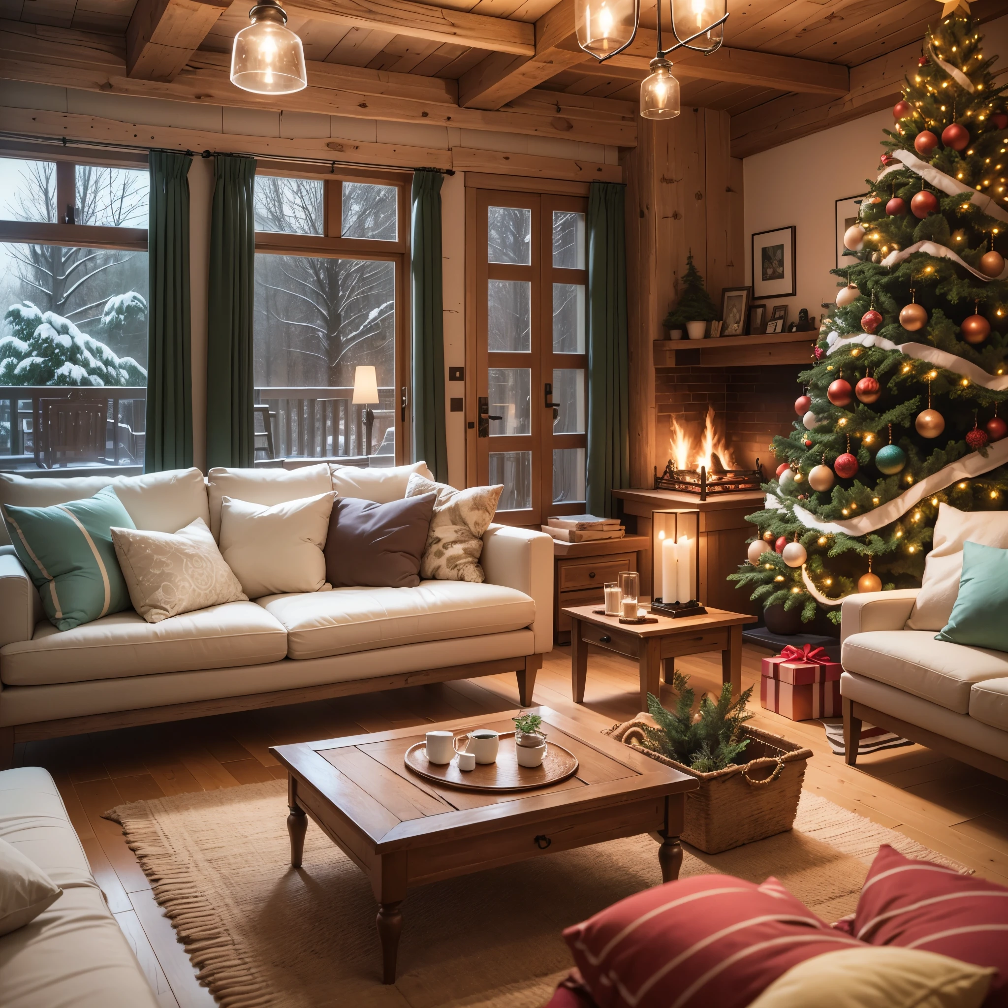 symmetrical composition, eye - level camera angle, rustic style, living room size of 200m2, white sofa, fireplace with fire and logs beside, wood and fabric textures, christmas tree and gifts, christmas decorations and light of every where, candle and coffee cup on table, it's dark outside, big window with winter, forest landscape where snow on trees. --auto --s2