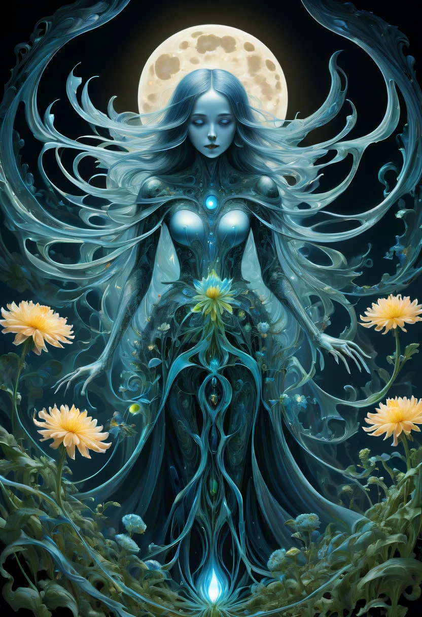 Magical plant from the abyss, the ghost flower,Images of a fascinated witch encountering alien life forms, Illumination of bioluminescent plants, The content is very detailed, hyper realisitc, 10k high resolution, Gouache style, scribble art, Glaslorne, Influenced by Art Nouveau, Given, and future, The Art of Lunar Encryption Wow,
