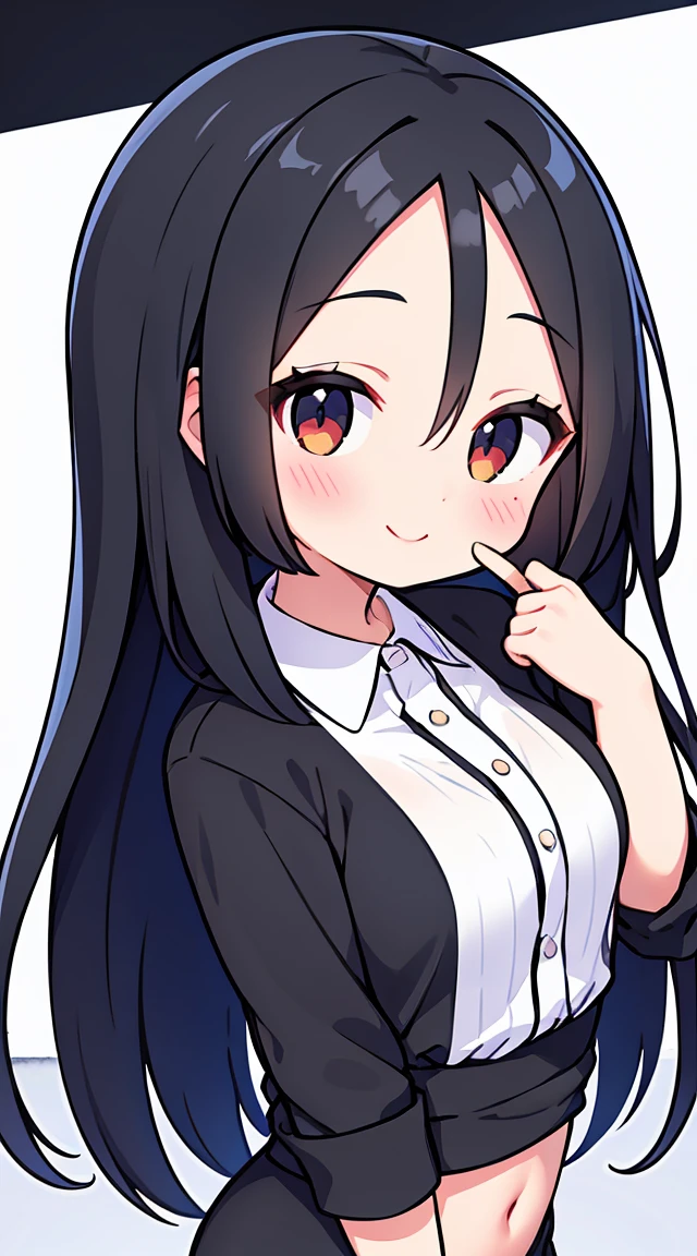 One girl with black hair, hair length until bust, straight hair, hair parted in center of head, round face. hairstyle with a center part, that the hair should be parted down the middle, creating a symmetrical look without any frontal hair covering the forehead. Looking straight. Looking straight at viewers. Smiling. Happy. Wearing casual shirt. Straight pose. Frontal view