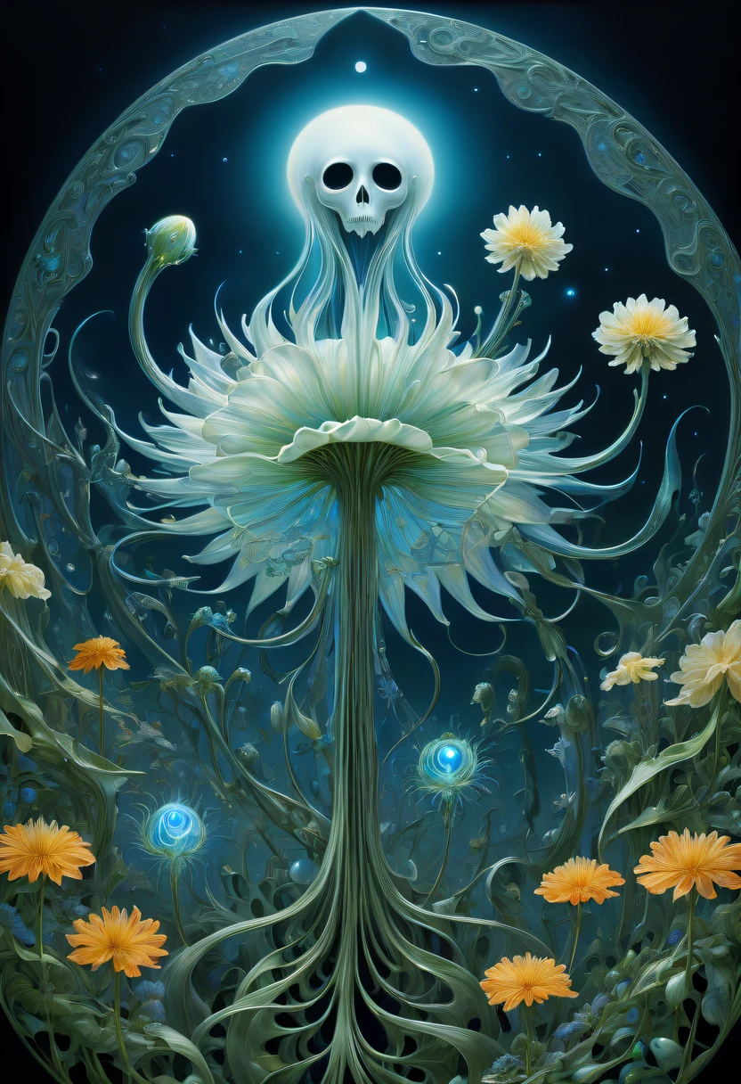 Magical plant from the abyss, the ghost flower,Images of a fascinated witch encountering alien life forms, Illumination of bioluminescent plants, The content is very detailed, hyper realisitc, 10k high resolution, Gouache style, scribble art, Glaslorne, Influenced by Art Nouveau, Given, and future, The Art of Lunar Encryption Wow,