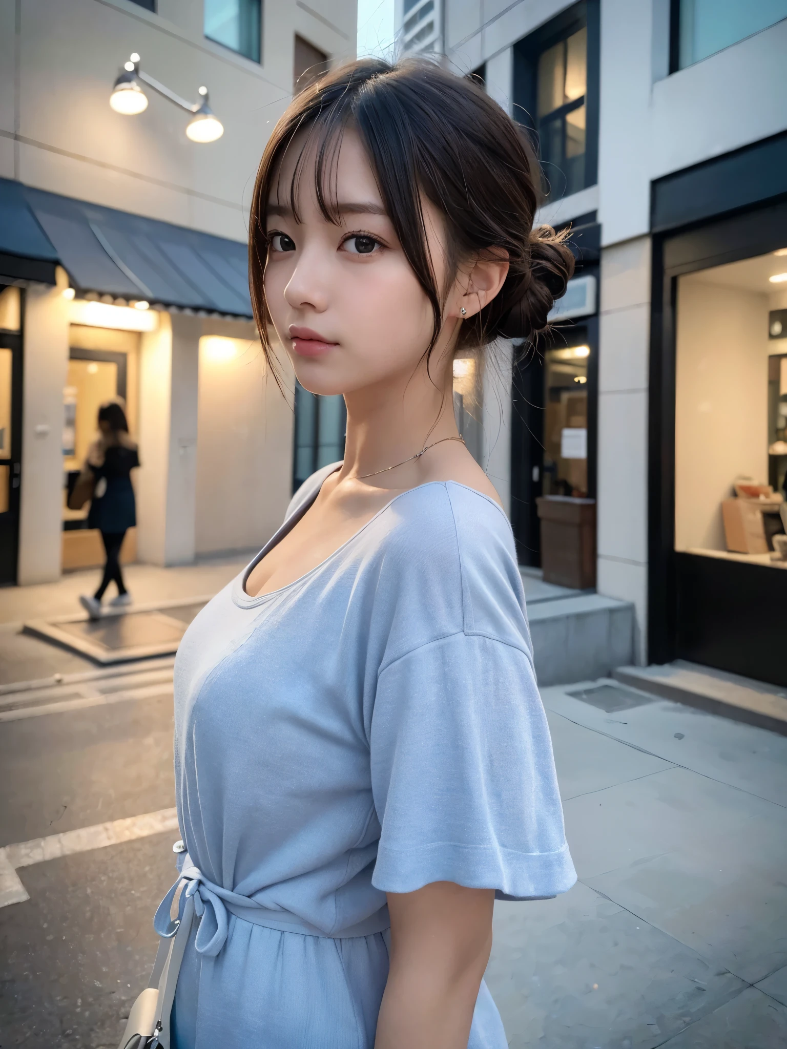 ((top quality, 8k, masterpiece: 1.3, raw photo)), Sharp Focus: 1.2, (1 aespa girl: 1.2), (Realistic, Photorealistic: 1.37), (face focus: 1.1), cute face, small breasts, flat chest, short messy hair, updo, nude, (long button shirt: 1.1), Beautiful Woman standing Under Street Lamp Light, cinematic lighting, thigh, Dallia