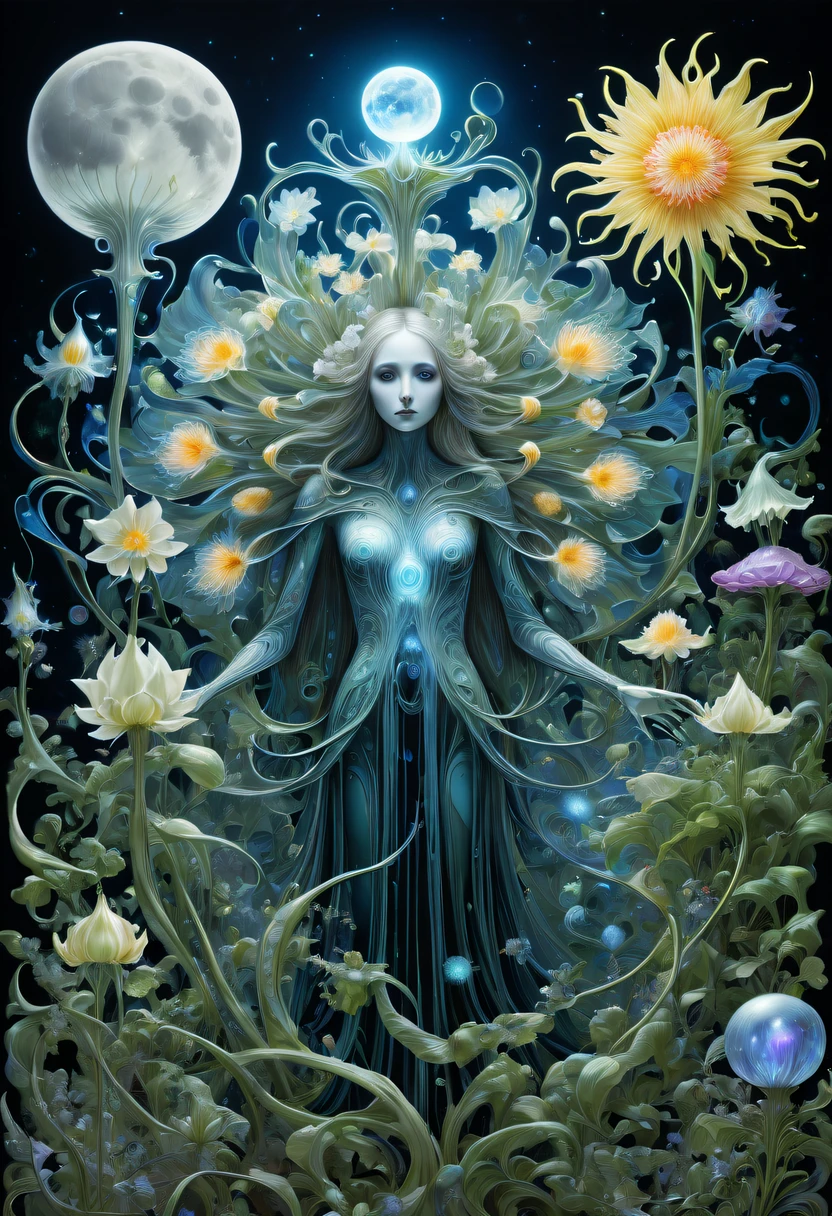 Magical plant from the abyss, the ghost flower,Images of a fascinated witch encountering alien life forms, Illumination of bioluminescent plants, The content is very detailed, hyper realisitc, 10k high resolution, Gouache style, scribble art, Glaslorne, Influenced by Art Nouveau, Given, and future, The Art of Lunar Encryption Wow,