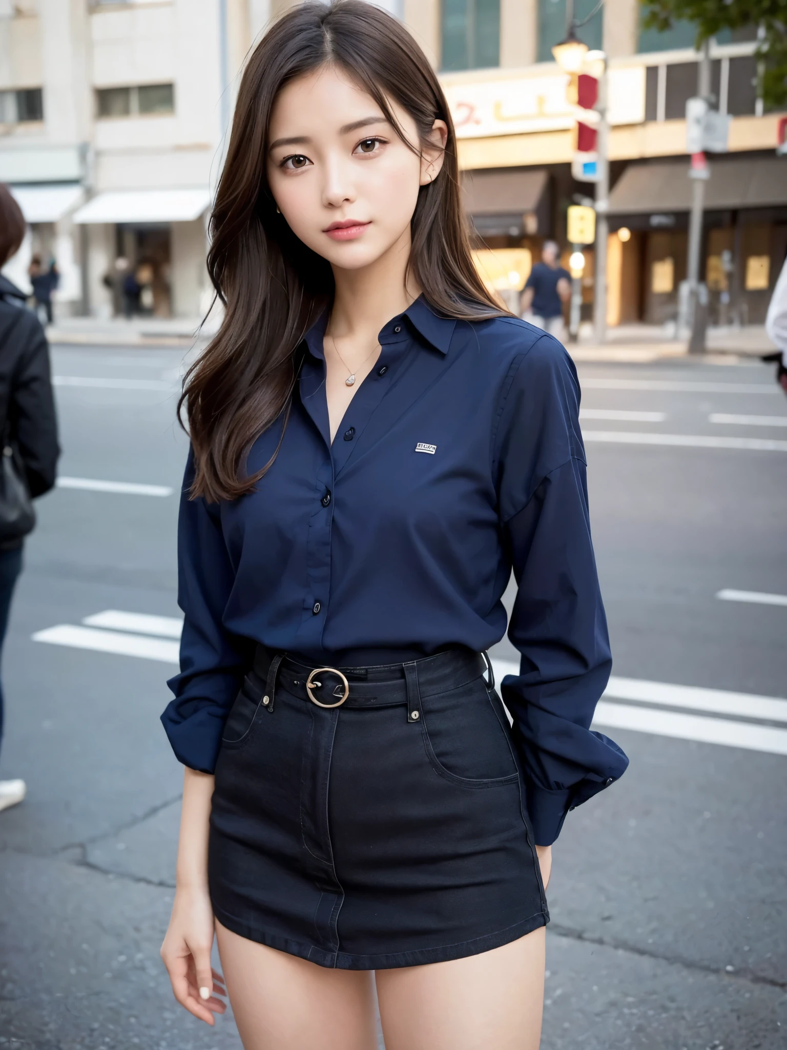 ((top quality, 8k, masterpiece: 1.3, raw photo)), Sharp Focus: 1.2, (1 aespa girl: 1.2), (Realistic, Photorealistic: 1.37), (face focus: 1.1), cute face, small breasts, flat chest, short messy hair, updo, nude, (long button shirt: 1.1), Beautiful Woman standing Under Street Lamp Light, cinematic lighting, thigh, Dallia