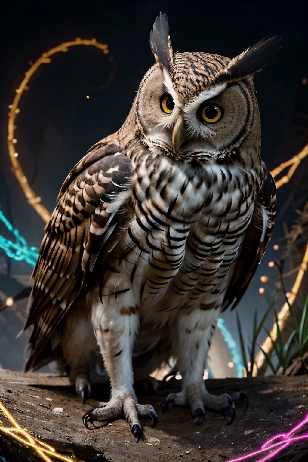 A brightly colored owl with a hallucinatory expression on its face, highly detailed digital art, 4k highly detailed digital art, highly Detailed digital artwork, highly detailed digital art, Very delicate digital art, highly detailed digital art, Detailed digital artwork, 8k high quality detailed art, Very detailed and hypnotic, highly detailed digital art, Overly detailed digital art