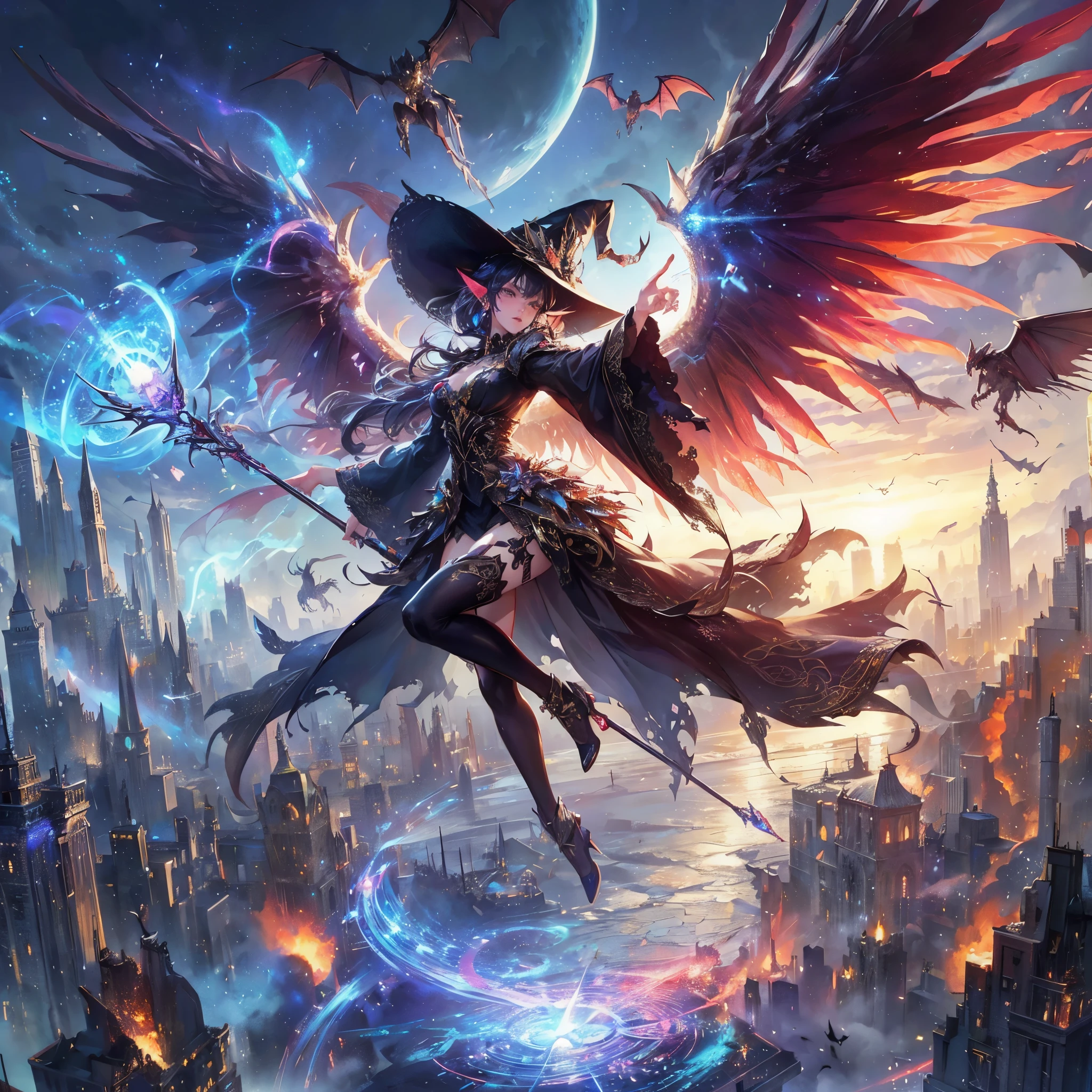 generate a lady name venade, wearing magician outfit with huge succubus wings, while holding a wand, she is a fierce magician who is ready to spell her enemies,she is flying and fighting a dragon in the sky, city background, destroyed city, burned city, sparkling background, aurora effect, digital effect, glimmering effect, ambient effect, from side, masterpiece, best quality:1.2),(8k,highres,RAW photo,realistic,photo-realistic:1.3),(detailed skin texture,detailed cloth texture,beautiful detailed face:1.25),professional lighting,photon mapping,beautiful soft light,radiosity,physically-based rendering,raytracing, model shoot style, model shoot style, (extremely detailed CG unity 8k wallpaper), full shot body photo of the most beautiful artwork in the world