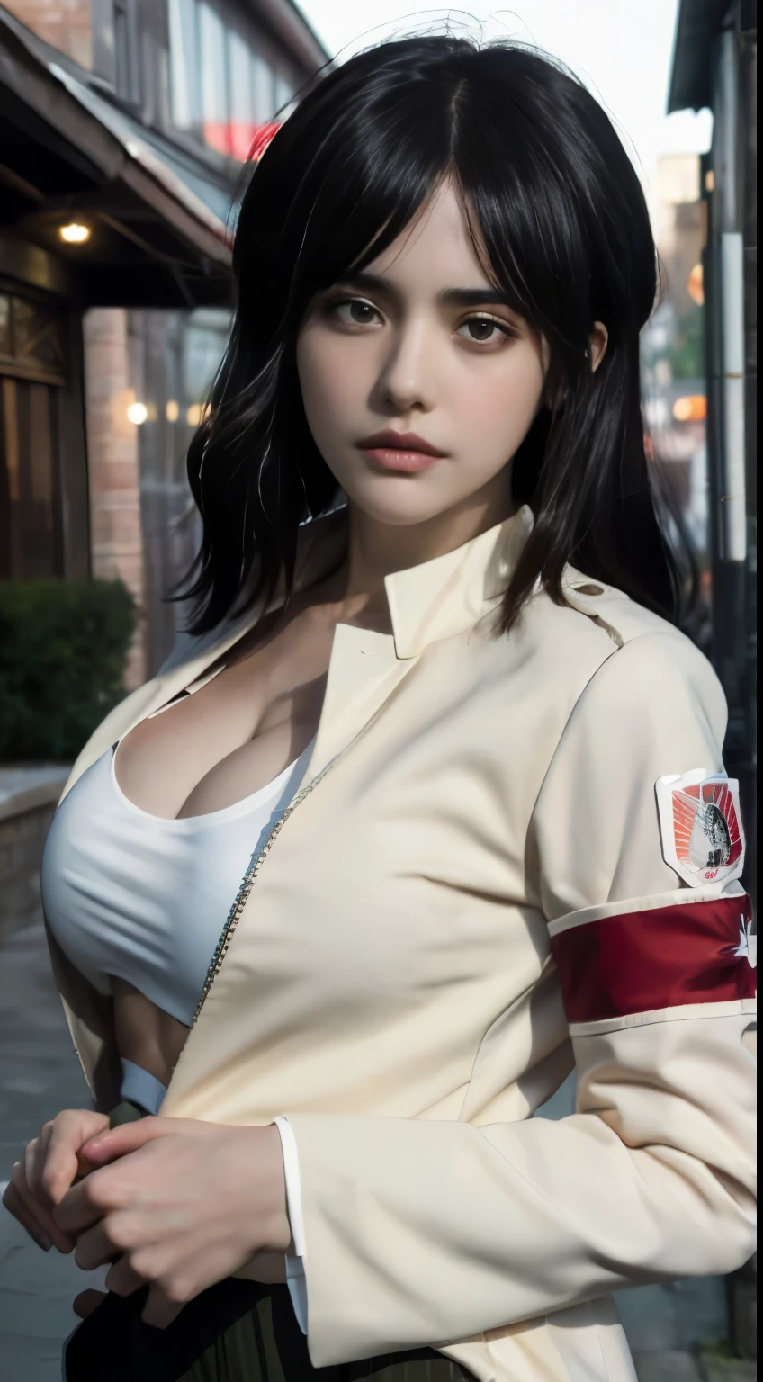 (Best quality at best,8K）,beuaty girl,Outdoor sports,1 girl，Khaki jacket，white  shirt, 《attack on titans》Pique, attack on titans的秘密艺术, offcial art,Dita , perfect body figure, Awesome gravure idol, Hyper-realistic picture, , beautiful detailed body and face，Shadows with nsfw