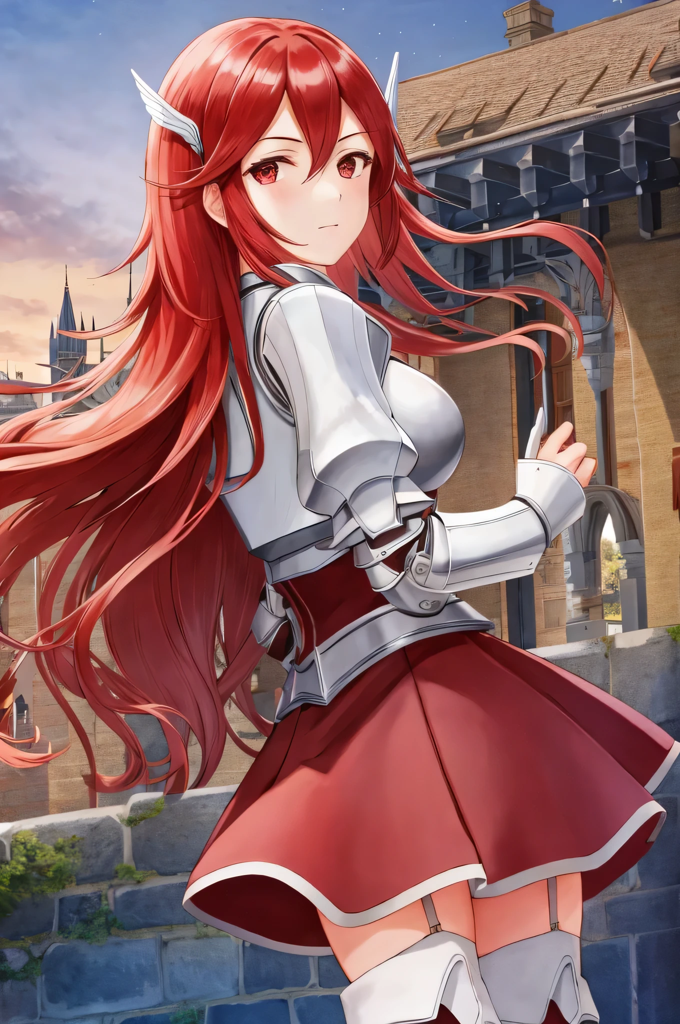 cordelia fe, 1girl, solo, looking at viewer, castle setting, serious, armor, breastplate, thigh boots, hair ornament, garter straps, dress, skirt, from below, pointing down, facing viewer, night, cowboy shot, thick thighs