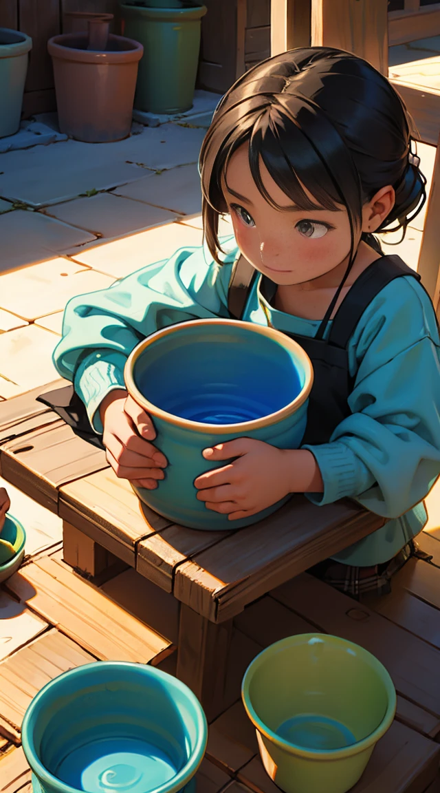 A little girl doing pottery，The colors are bright and bright，Creative and exquisite facial sculpting，Highest image quality