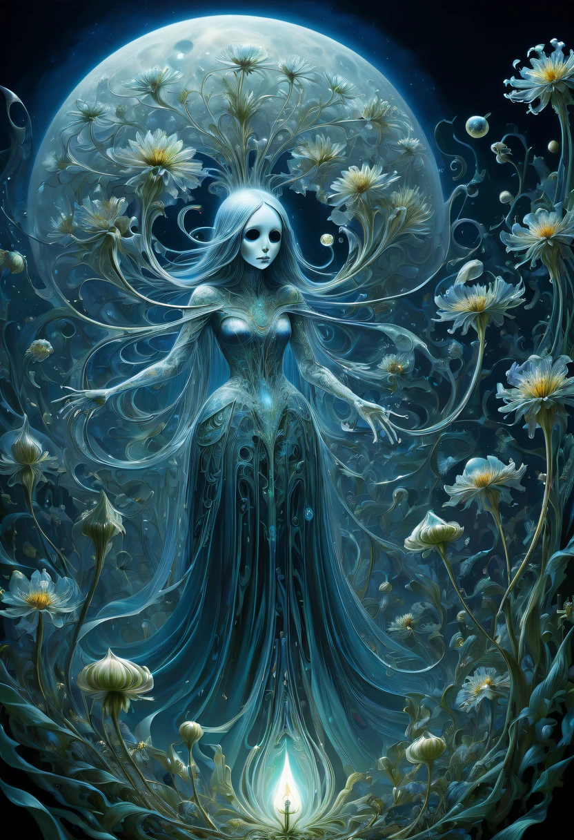 Magical plant from the abyss, the ghost flower,Images of a fascinated witch encountering alien life forms, Illumination of bioluminescent plants, The content is very detailed, hyper realisitc, 10k high resolution, Gouache style, scribble art, Glaslorne, Influenced by Art Nouveau, Given, and future, The Art of Lunar Encryption Wow,