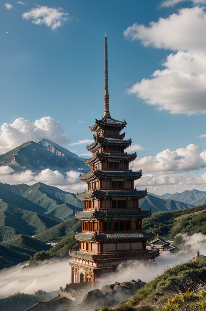 Mountains, clouds, ancient Chinese architecture, cranes