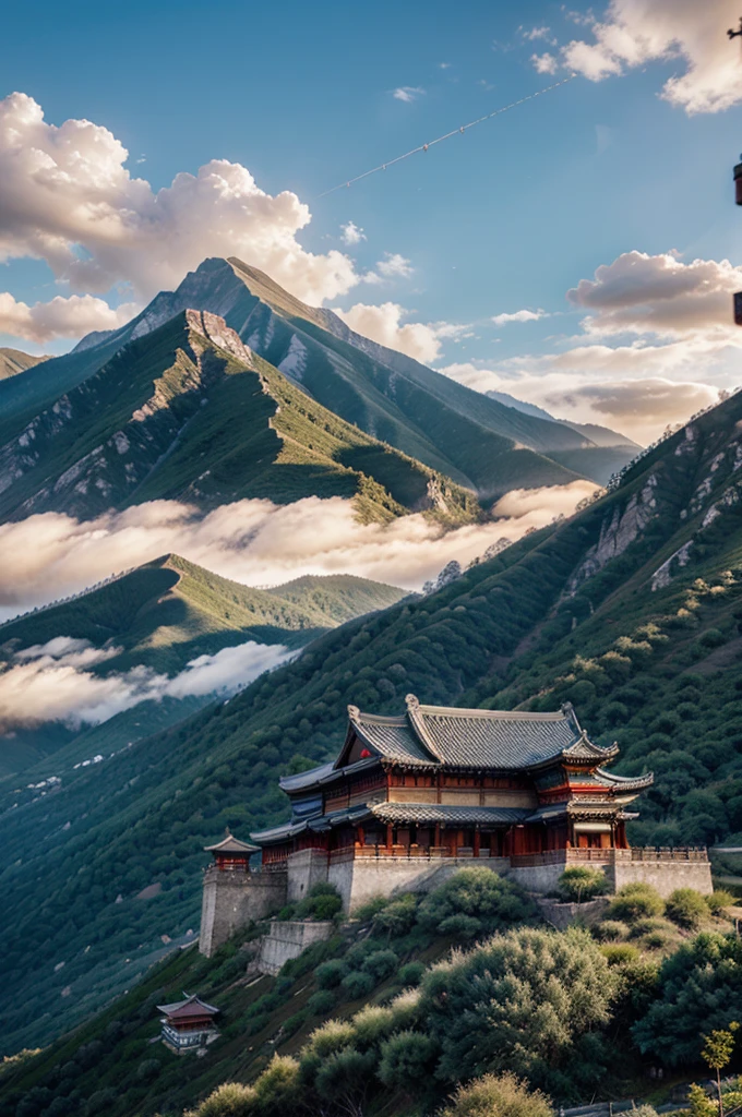 Mountains, clouds, ancient Chinese architecture, cranes