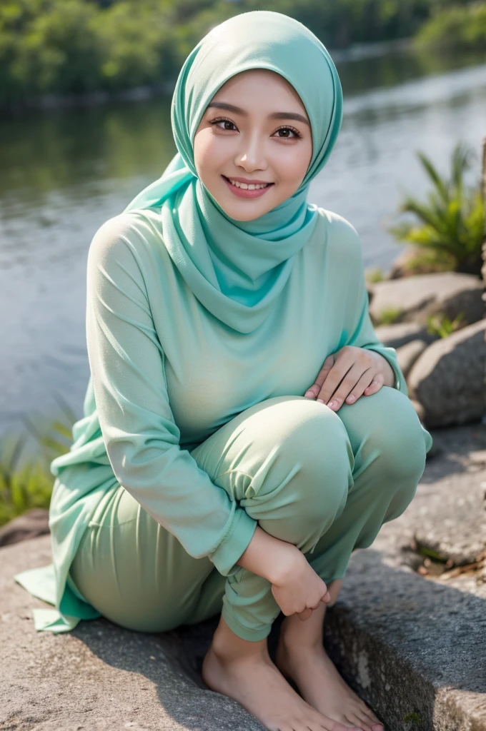 RAW, Best quality, high resolution, masterpiece: 1.3), beautiful Malay woman in hijau:0.8),Best quality, high resolution, Masterpiece: 1.3, Beautiful hijabi malay girl, Masterpiece, Soft smile,Beautiful Malay women wear pastel color hijab (setting on the top of mountain:1.2) , bright sunshine, hiking clothes, pullover, long pants, highres,4k,HDR,1girl, photorealistic, realistic,sweat skin, wet clothes, wet body, big breast, ((full body))soaked, dripping, smiling at viewer, closeup