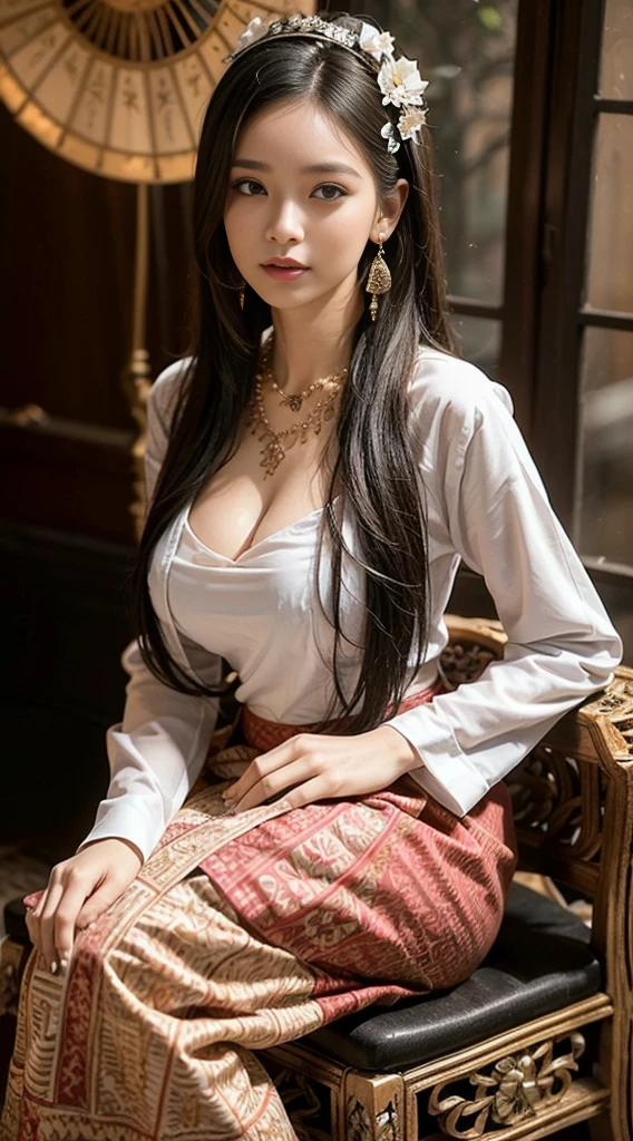 , (Realistic:1.3), insane details, quality, (master-piece:1.2), (ภาพRealistic:1.2), (qualityที่ดีที่สุด), (Detailed skin:1.3), (intricate detailed), ray tracing, ((Full body)), ((1woman)), (((1man))), 18-20 years old, ((long-haired, Very long.)), smile, Red Dresses, white capelet, red skirt with pattern, Contrast color between dress and skirt, skirt pattern, earrings, necklace, Javanese jewelry, (blurred background), Eyes on camera, breast cleavage, huge breast,, Beautiful breast, Big breast augmentation, elongated legs