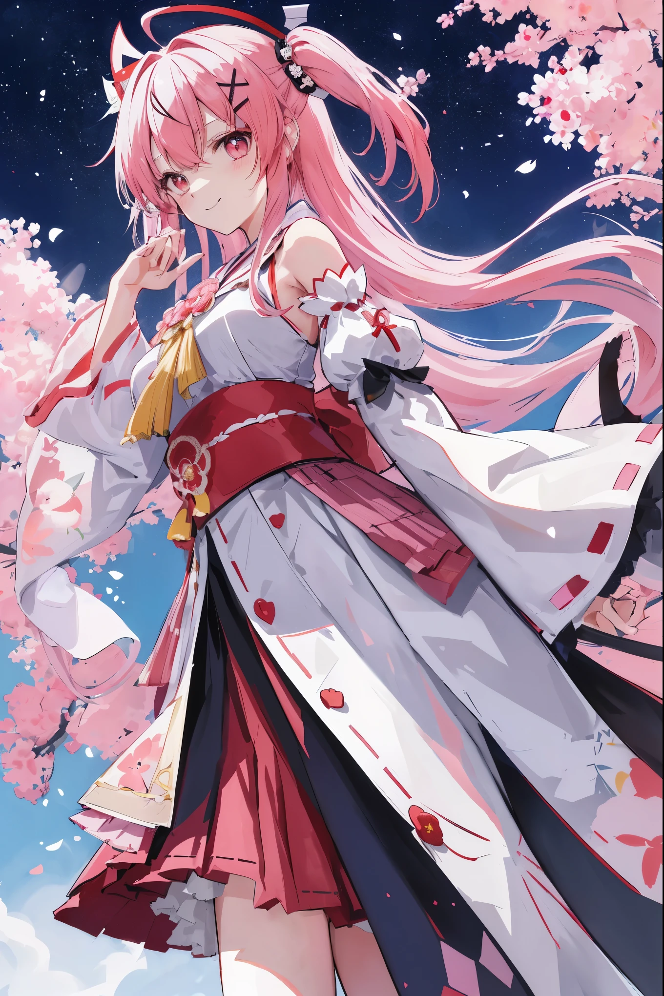 tmasterpiece, Best quality at best, A high resolution, shrine maiden1, SakuraNS_shrine maiden, 1个Giant Breast Girl, bigger_, Alone, ahoge, X_the hair_decorations, Pink_the hair, Floral, the hairclip,(side_Less_The clothes ar:1.5), (side_:1.5), the hair_bell, Floral, long_the hair, the hair between The eye, one side up, White stockings, asymmetrical legeswear, wide the sleeve, avaeak,(Happy:1.3),deactivated_The eye,bigger_ssmile,ascent_leges,plumw,separaegess,(too_long_the sleeve:1.3),(The beautiful_mano指),the sleeve_Past_mano腕,mano_hide_the sleeve,sidelock_The clothes ar,dynamic_posing on a,Alone,hide_mano腕,(XD:1.4),