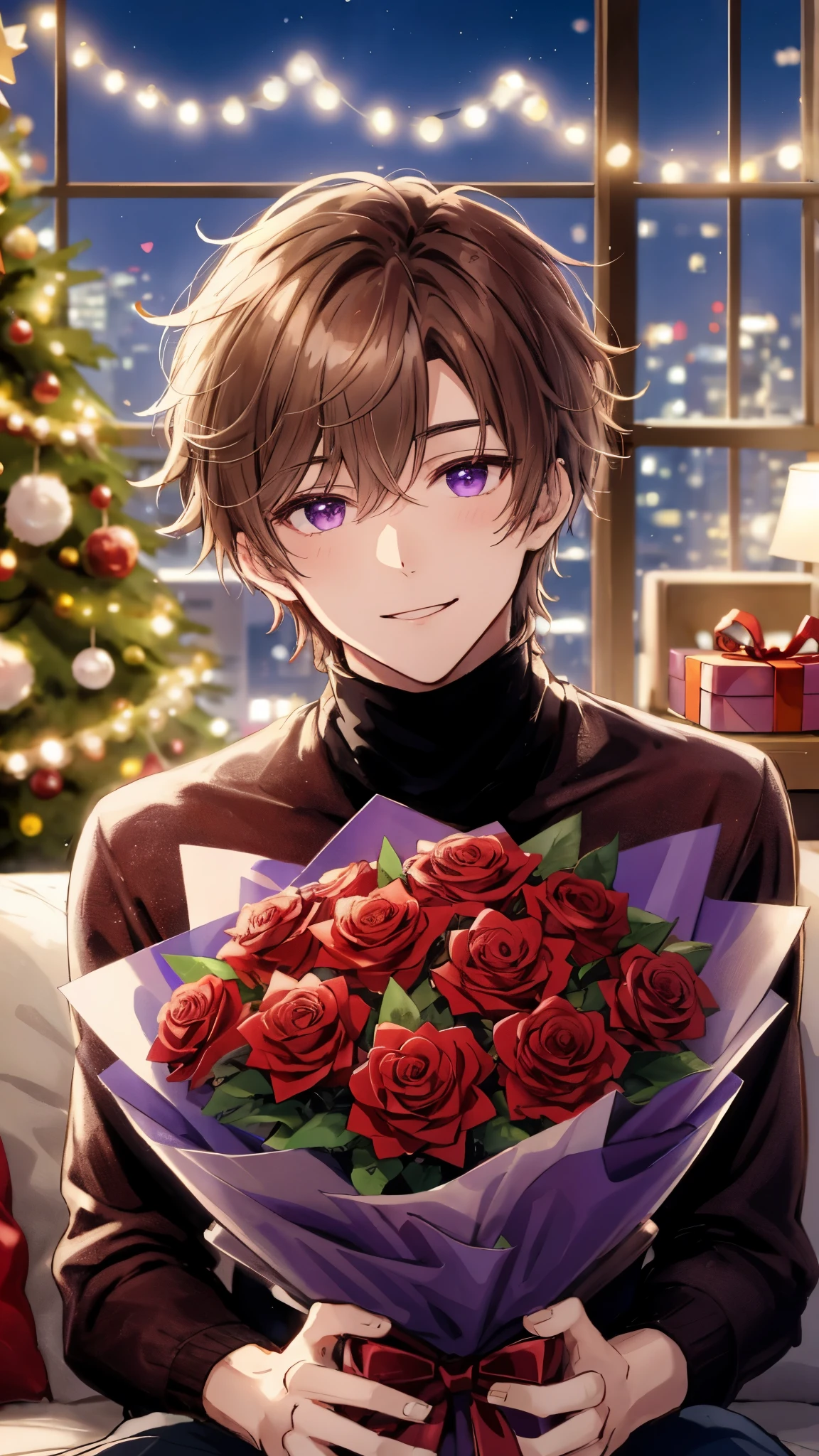 Light brown hair, young male, black turtleneck, holding a bouquet of red roses wrapped in purple paper, warm smile, soft lighting, Christmas tree in the background, looking directly at the camera, background is blurred, night time.high quality, amount of drawing, pixiv illustration