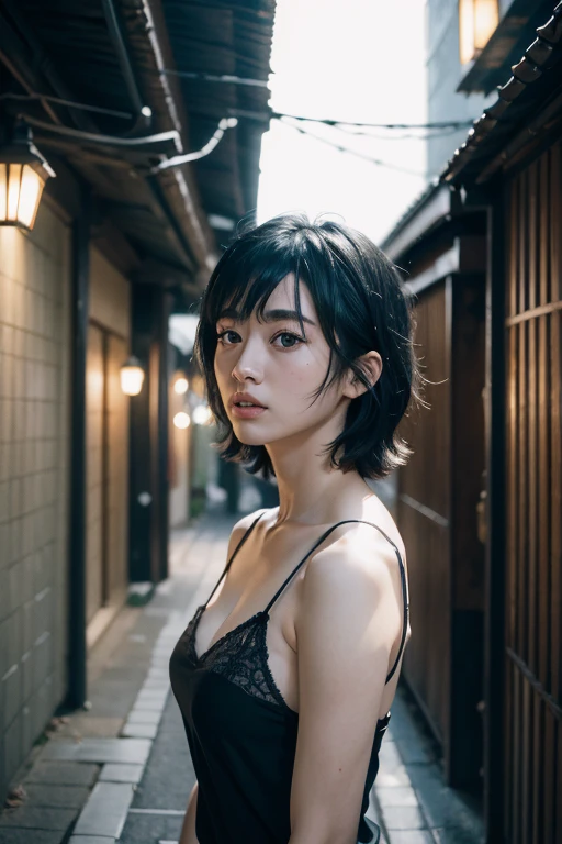 { Portrait, RAW photo,}
{ beautiful, masterpiece, best quality, extremely detailed face, perfect lighting, Best Quality, (ultra-detailed) }
{ japaness woman, alone, 28-years-old, }
{black hair, short hair, messy hair, parted lips, }
{perfect round face, drunk }
{camisole, miskirt}
{standing in a dark alley,rain, hands behind back,night time, city lights,}