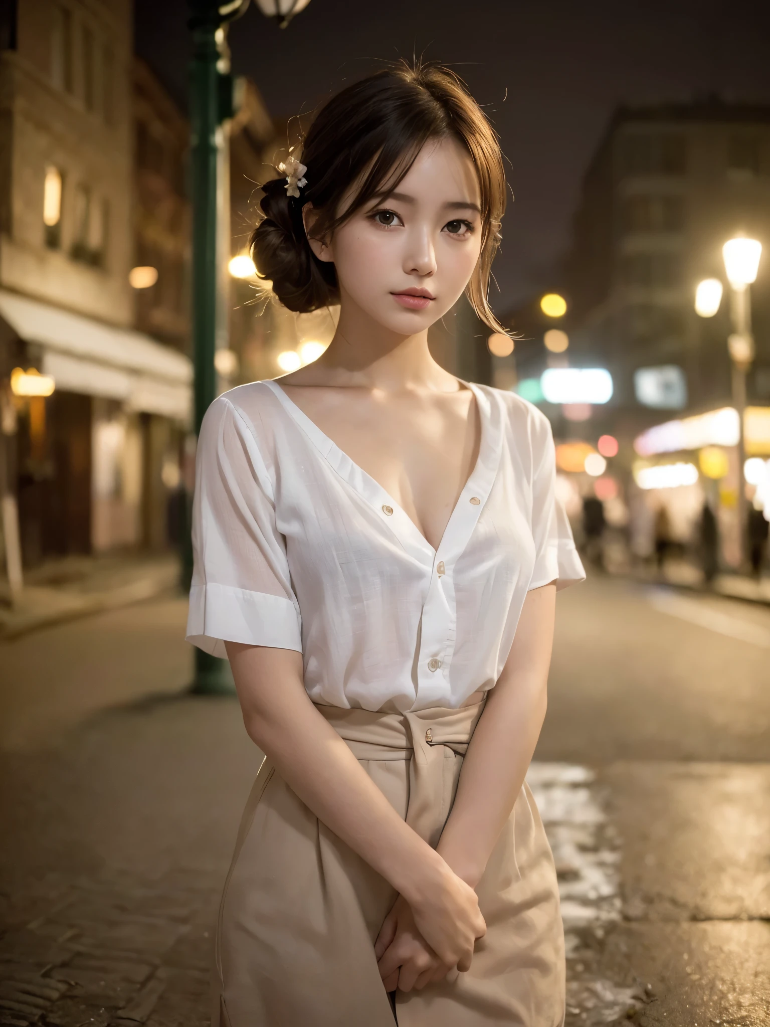 ((top quality, 8k, masterpiece: 1.3, raw photo)), Sharp Focus: 1.2, (1 aespa girl: 1.2), (Realistic, Photorealistic: 1.37), (face focus: 1.1), cute face, small breasts, flat chest, short messy hair, updo, nude, (long button shirt: 1.1), Beautiful Woman standing Under Street Lamp Light, cinematic lighting, thigh, flower,