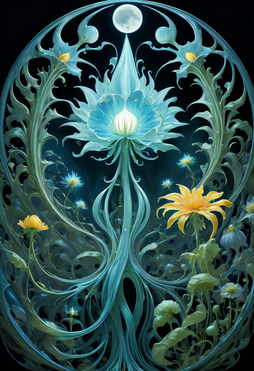 Magical plant from the abyss, the ghost flower,Images of a fascinated witch encountering alien life forms, Illumination of bioluminescent plants, The content is very detailed, hyper realisitc, 10k high resolution, Gouache style, scribble art, Glaslorne, Influenced by Art Nouveau, Given, and future, The Art of Lunar Encryption Wow,