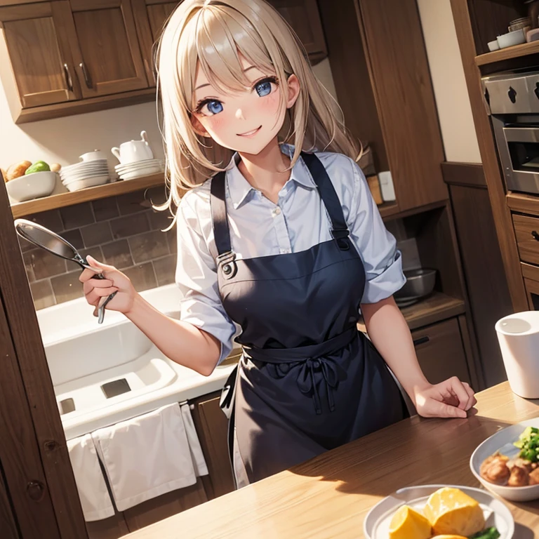 A 25 year's old girl wearing apron only, smiling face, looking at viewer