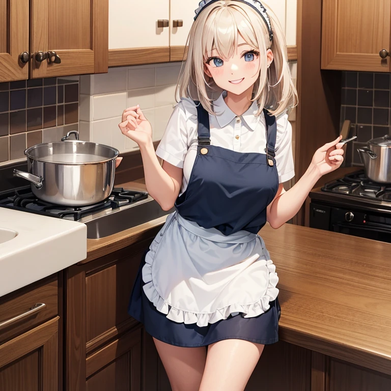 A 25 year's old girl wearing apron only, smiling face, looking at viewer