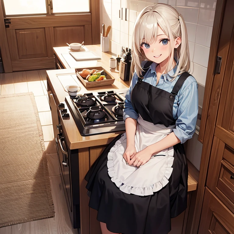 A 25 year's old girl wearing apron only, smiling face, looking at viewer