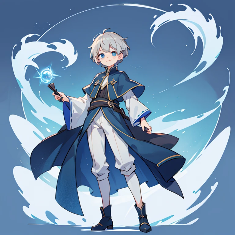 Gray hair、beautiful hairl、short-hair、Cuticle hair、Blue eyes、((male people))、((A slight smil))、Calm、Gentle、Full body like、sorcerer、Standing Picture、White background、top-quality、8K、detaileds、precision、high-level image quality
