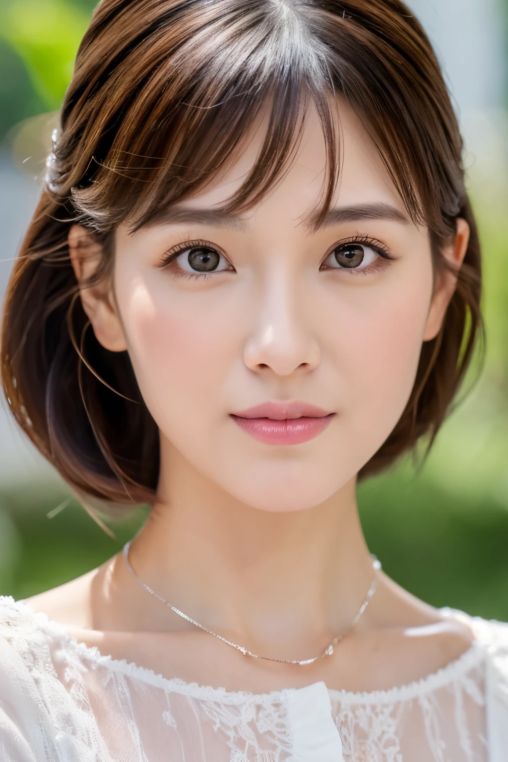 ８K, ultra-detailliert, ​masterpiece, top-quality, Photorealsitic, Detailed face, Detailed eyes, 30-year-old woman with, 1 persons, Cute face, The lower lip is thick and plump, Facing the front, Nice Body, (Look at viewers), Gorgeous hairstyle, thin clothes, well-shaped bust