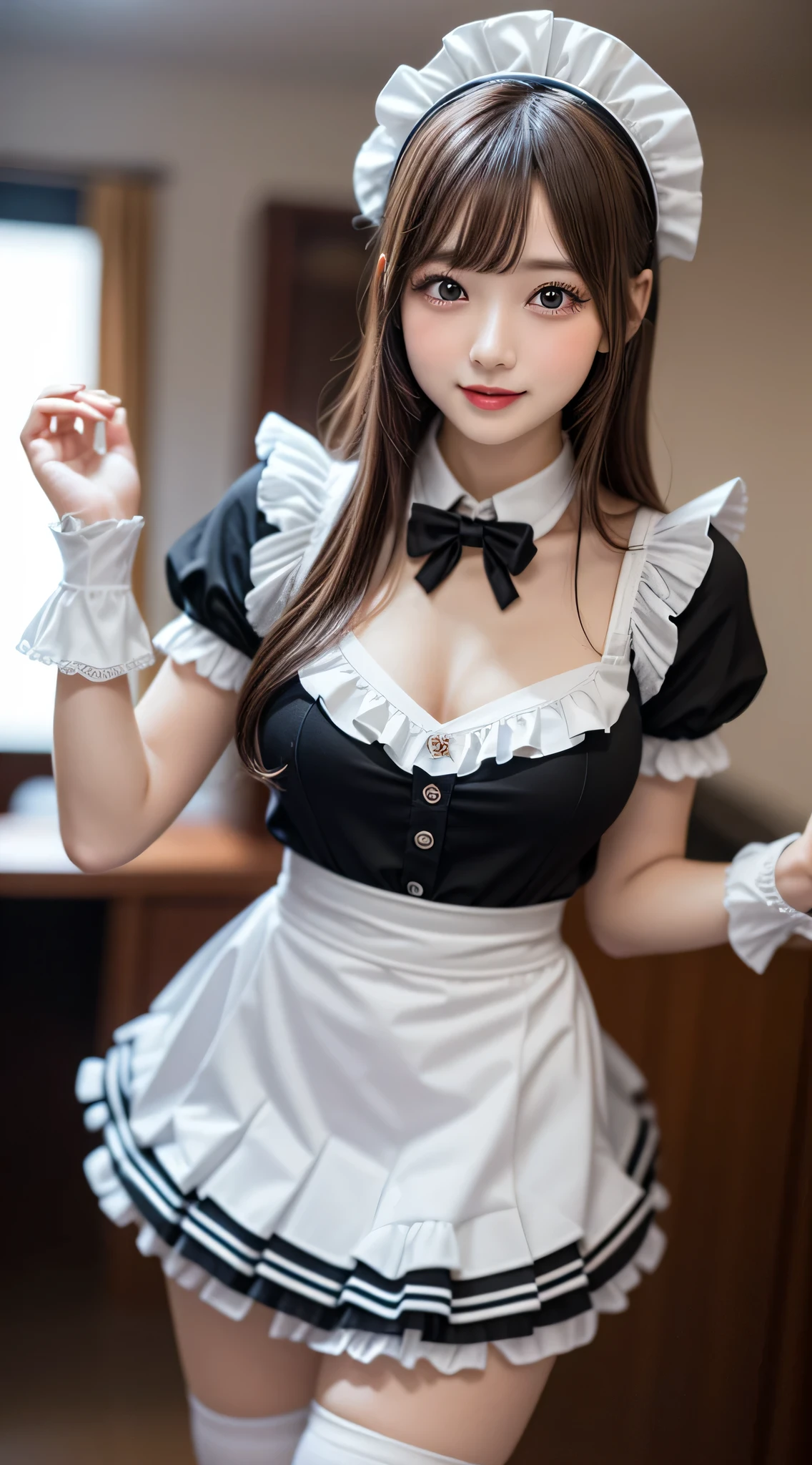 (1young girlrown hair, Amazing face and eyes, Pink eyes, seducting smile, (Maid café costume with frills, Pleated mini-skirt:1.5), (Wide open maid cafe costume:1.2), bared chest, (amazingly beautiful girl), Brown hair, Stylish hair ornamen Quality:1.4), (Ultra-detailed), (extremely detailed CG unified 8k wallpaper), Highly detailed, High-definition raw color photos, Professional Photography, depth of fields, (View from below),
