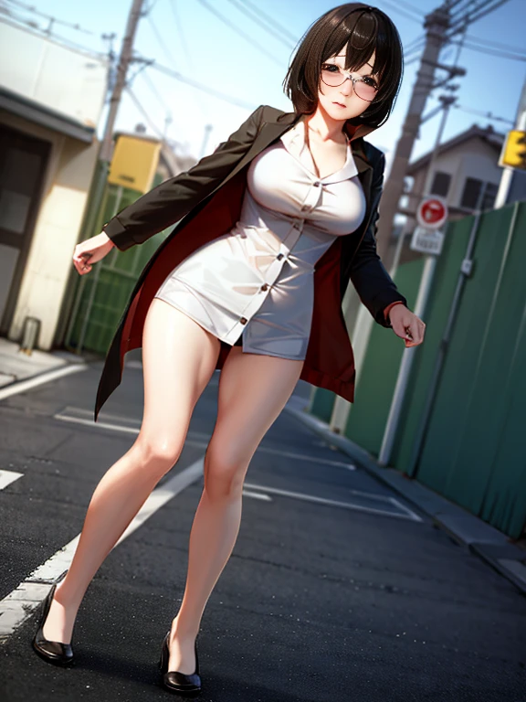 Stema Peace、hanekawa tsubasa、attack of glasses、A dark-haired、large boob、 (Black hair, Brown eyes, Round face), (nose blush, half opened eye),, [Full body shot]、eye glass、Head-to-toe shots、A dark-haired、her breasts are tied、wearing a coat over naked body、standing on a street corner at night、