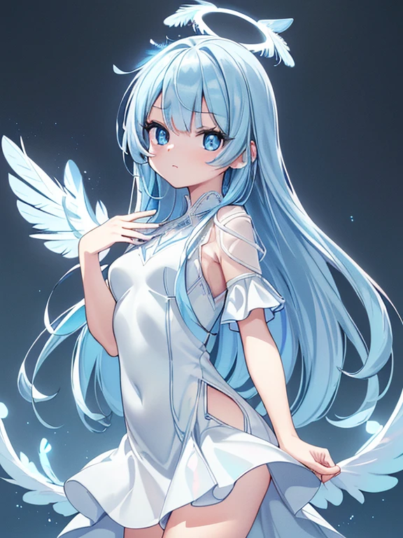 ((masterpiece、top-quality:1.5、a high chroma:1.5、ultra-detailliert、high-resolution illustrations:1.5、Ultra-high-definition CG、8k size wallpaper、offcial art))、,(highly colorful:1.5),(front view:1.5),(1girl),(Cute little girl:1.5)、(Shining blue eyes:1.5),(Beautiful face:1.5,Beautiful eyes:1.5)、(close to viewer:1.5),(Shining blue eyes:1.8)、
(clearface:1.3)、(sexy body),(ultra-thin dress:1.5), (Beautiful ultra-thin dress every detail),(a halo shines),(medium breasts:1.5),(Shining blue eyes:1.8)、(cowboy shot:1.5)、(glowing Feathers of light:1.5),(glowing angel wings:1.5), colourfull、