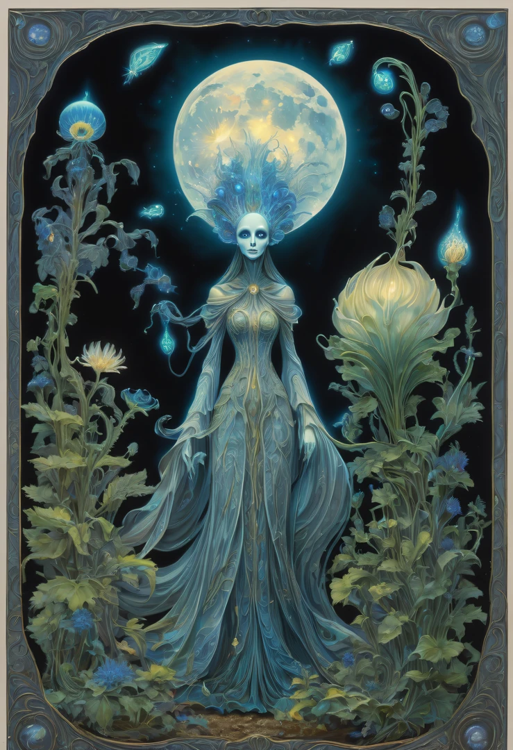 Magical plant from the abyss, the ghost flower,Images of a fascinated witch encountering alien life forms, Illumination of bioluminescent plants, The content is very detailed, hyper realisitc, 10k high resolution, Gouache style, scribble art, Glaslorne, Influenced by Art Nouveau, Given, and future, The Art of Lunar Encryption Wow,