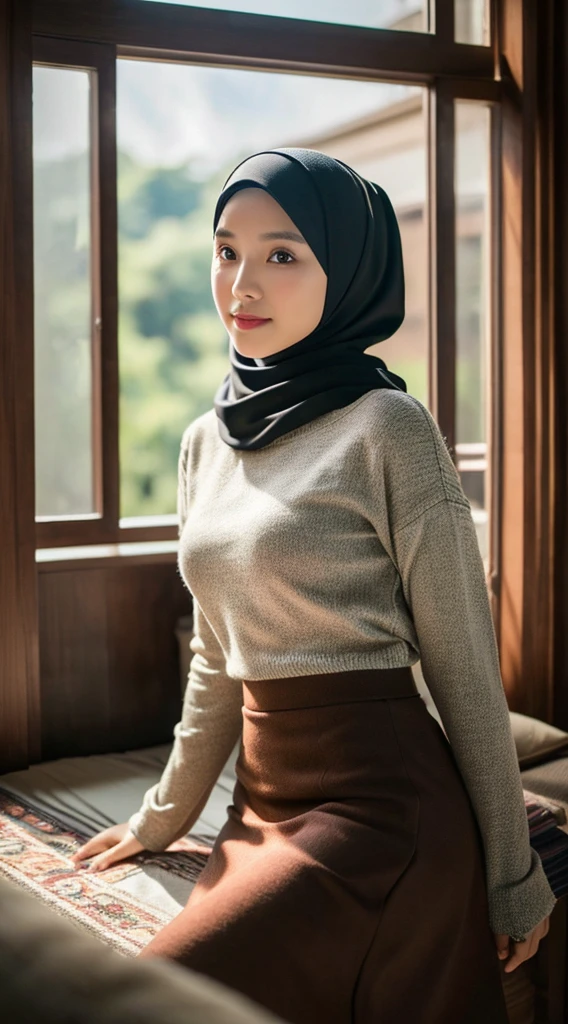 Malay girl in hijab wear big oversized loose blouse and high waist loose cargo pants, pastel color, seating, wear back pack, front view, detail skin, detail skin texture, mole below eyes, beautiful body, evening, laughing, happy, bright lighting, blur background, bokeh,Super 8mm lense, close-up, deep focus cinematography effect, Natural Lighting, pastel color grading, high quality, ultra detail, 8k resolution