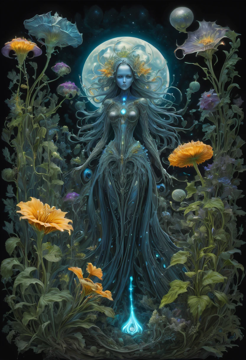 Magical plant from the abyss, the ghost flower,Images of a fascinated witch encountering alien life forms, Illumination of bioluminescent plants, The content is very detailed, hyper realisitc, 10k high resolution, Gouache style, scribble art, Glaslorne, Influenced by Art Nouveau, Given, and future, The Art of Lunar Encryption Wow,
