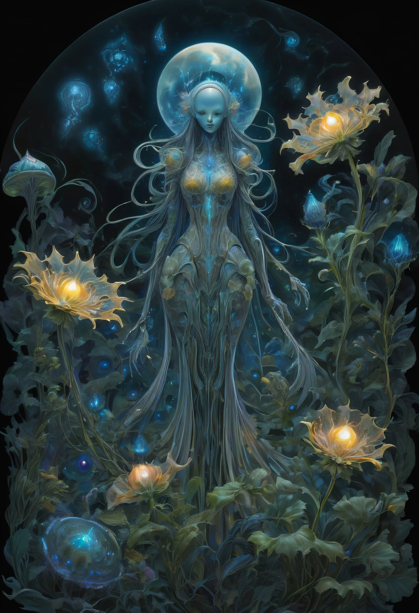 Magical plant from the abyss, the ghost flower,Images of a fascinated witch encountering alien life forms, Illumination of bioluminescent plants, The content is very detailed, hyper realisitc, 10k high resolution, Gouache style, scribble art, Glaslorne, Influenced by Art Nouveau, Given, and future, The Art of Lunar Encryption Wow,