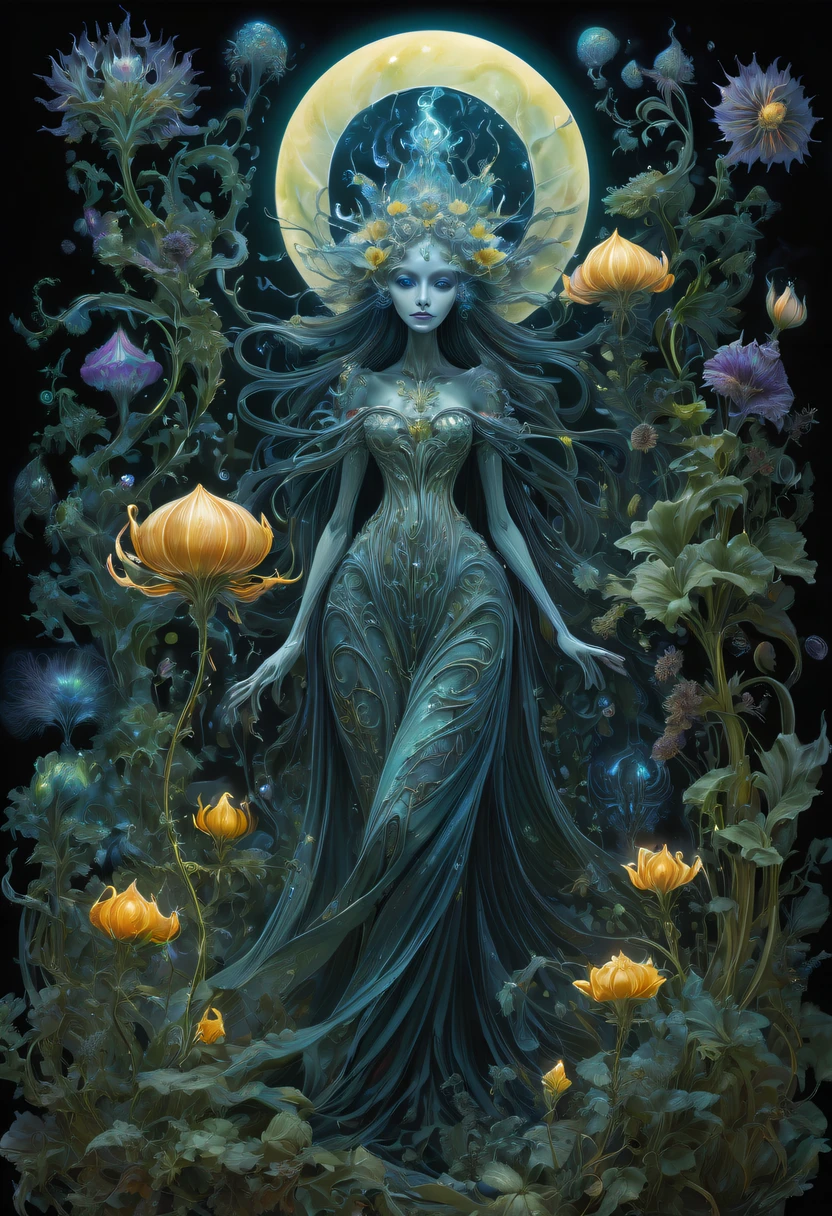 Magical plant from the abyss, the ghost flower,Images of a fascinated witch encountering alien life forms, Illumination of bioluminescent plants, The content is very detailed, hyper realisitc, 10k high resolution, Gouache style, scribble art, Glaslorne, Influenced by Art Nouveau, Given, and future, The Art of Lunar Encryption Wow,