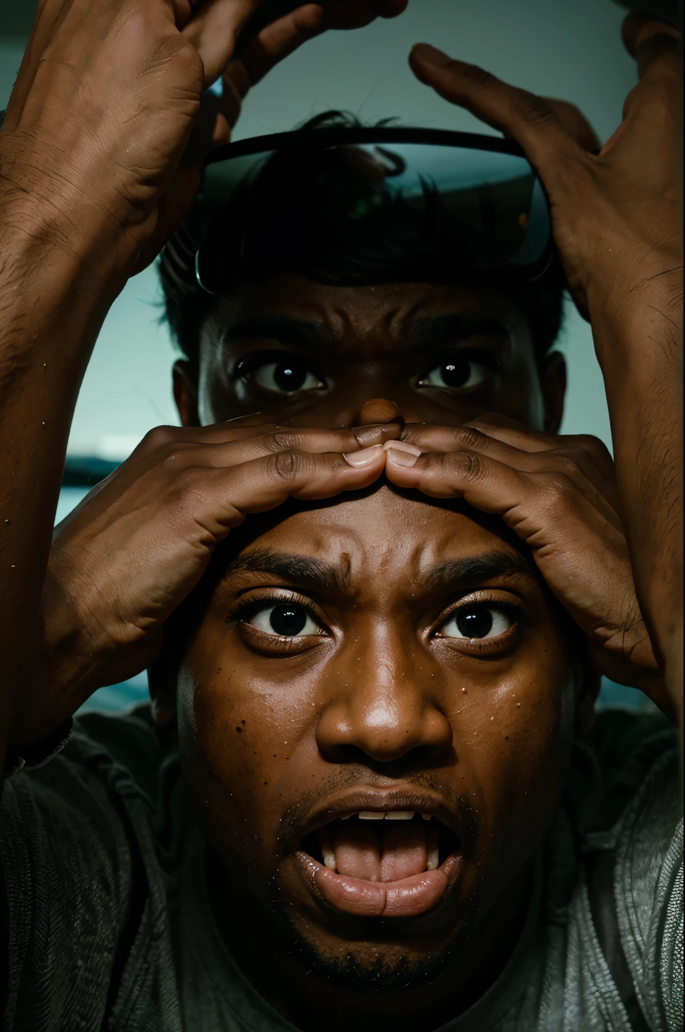 Scared wide eyed Black man with hands on his cheeks screaming in terror as if he was just surpised by something looking into a fish lens camera